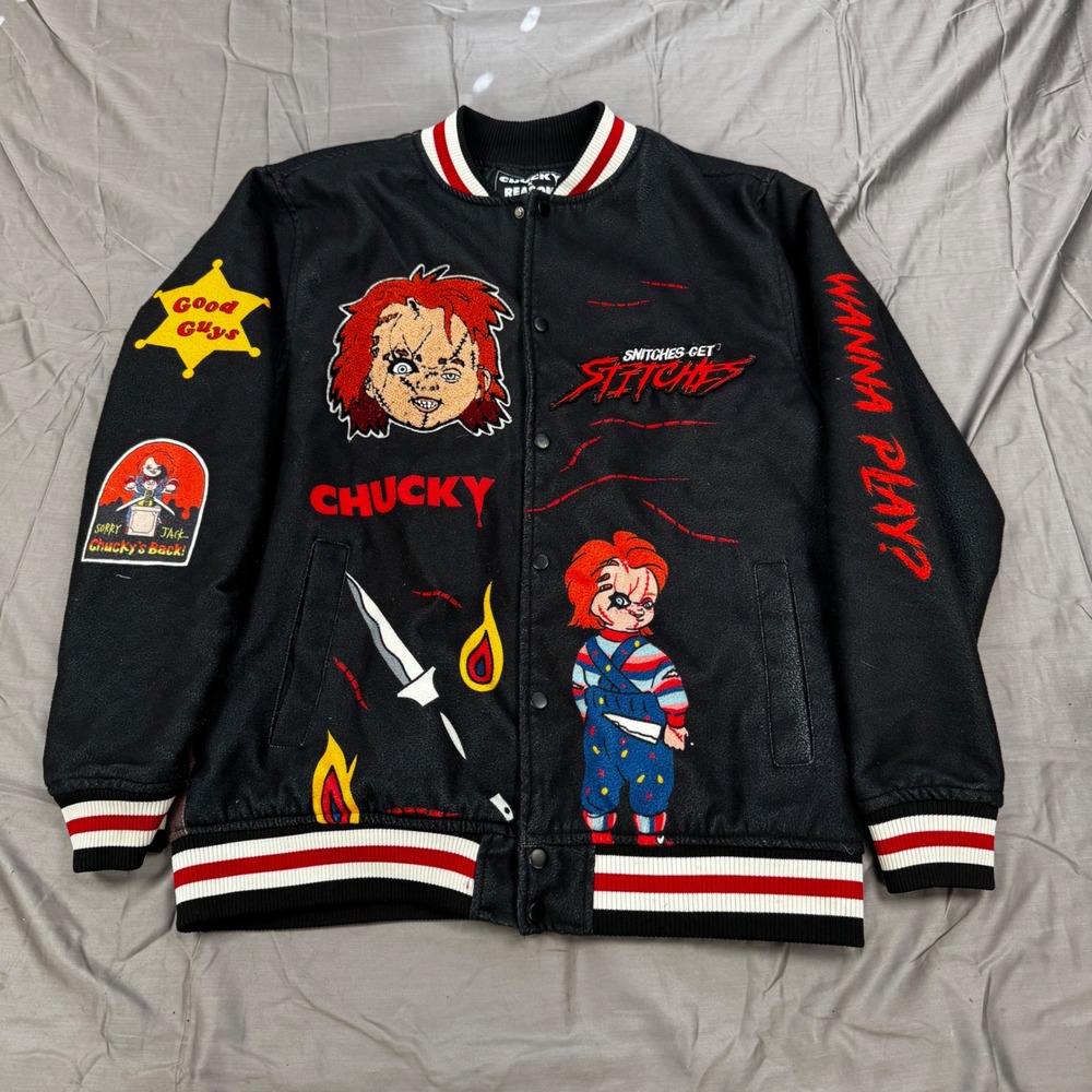 Reason Brand Chucky Horror Varsity Jacket Black XL Snitches Get Stitches CKY-40